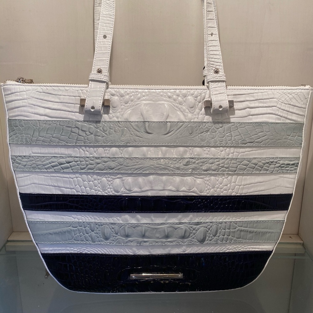 Brahmin White and Blue Croc-Embossed Tote